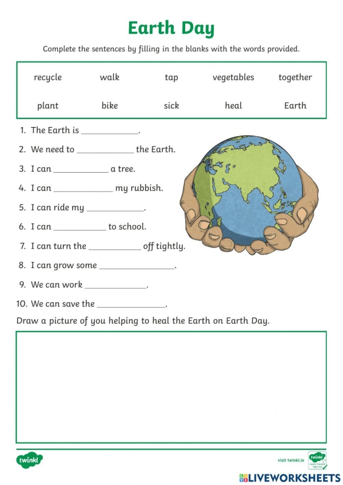 Earth Day Grammar Activity: Fill-in-the-Blank Exercise for Young Learners Second grade students completing an Earth Day fill-in-the-blank grammar worksheet with environmental conservation sentences
