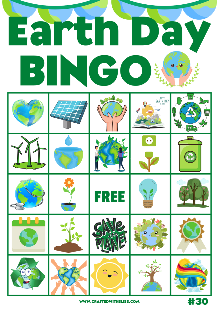 Pre-K Earth Day Bingo Board worksheet featuring nature and place value activities