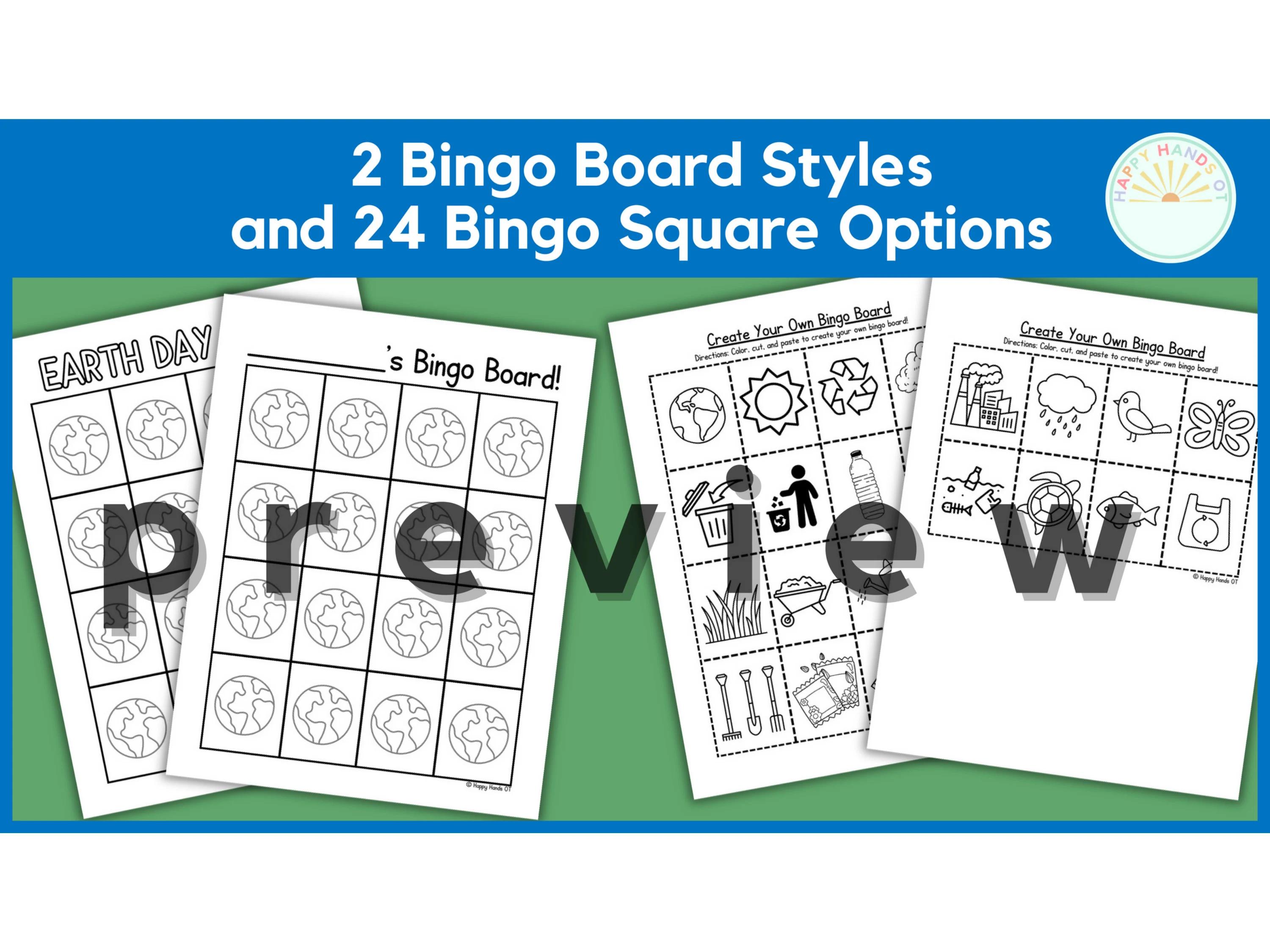 Pre-K Earth Day Bingo Board worksheet with nature exploration and creative activity prompts