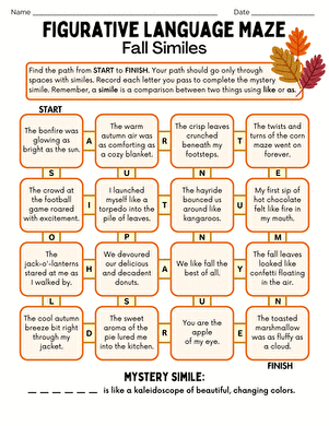 Sixth grade Earth Day worksheet featuring a maze focused on identifying figurative language similes