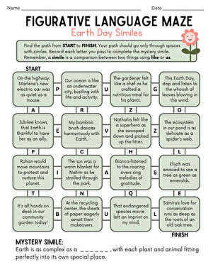 Sixth grade students navigating an Earth Day similes maze worksheet with figurative language challenges and nature-themed paths
