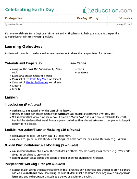 Kindergarten student practicing writing skills on The Earth Gives Me worksheet for Earth Day