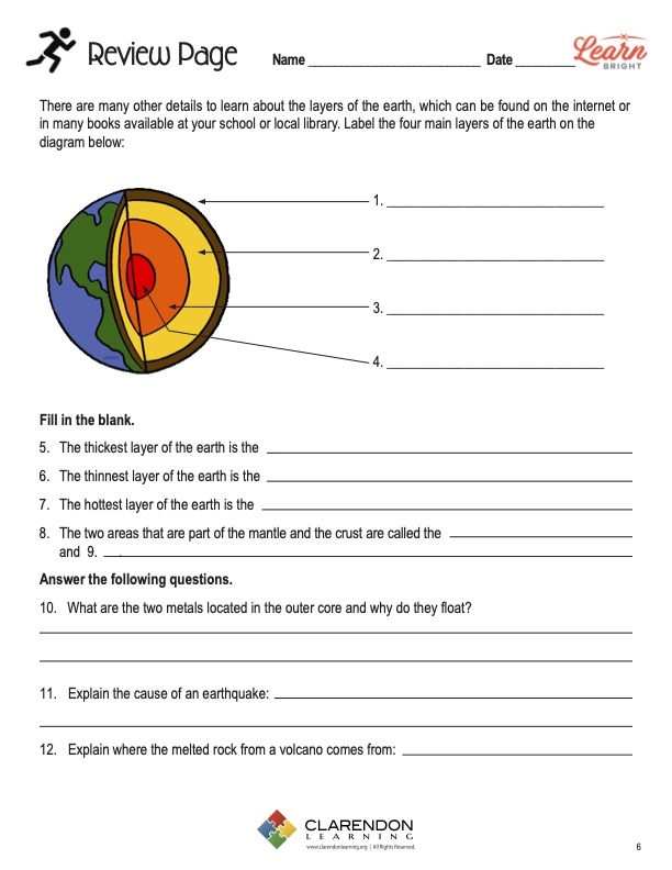 Diagram of the Earth's layers for fifth graders to label, focusing on solid and atmospheric components