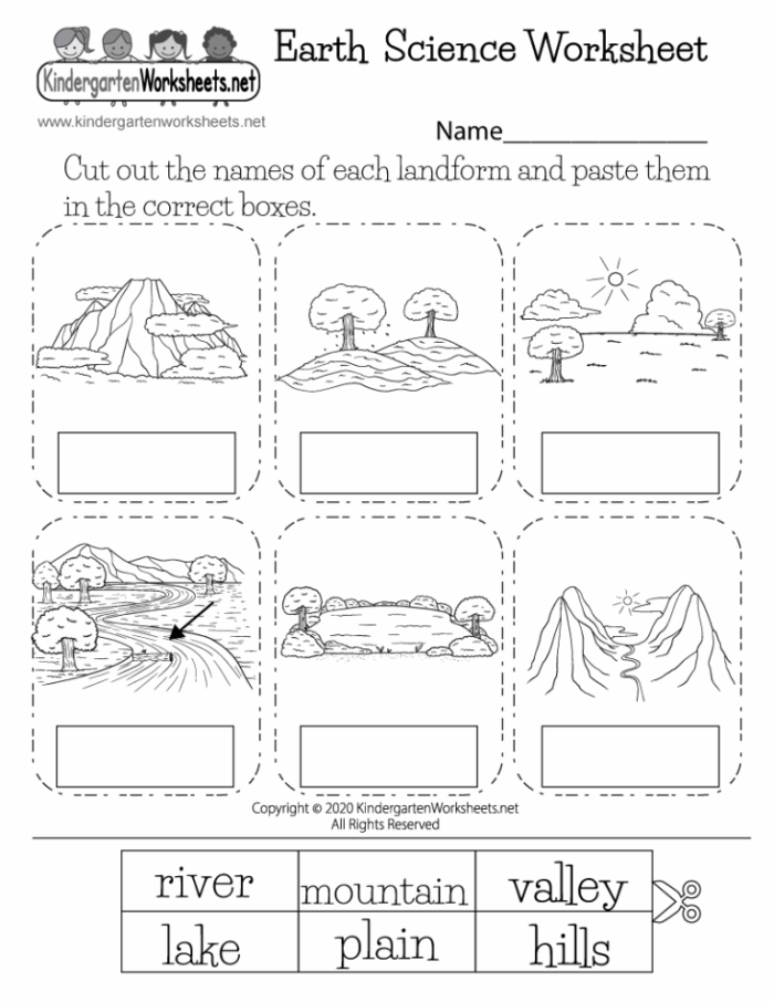First grade Science Time worksheet showing a cross-section diagram of the four layers of Earth for reading and writing practice