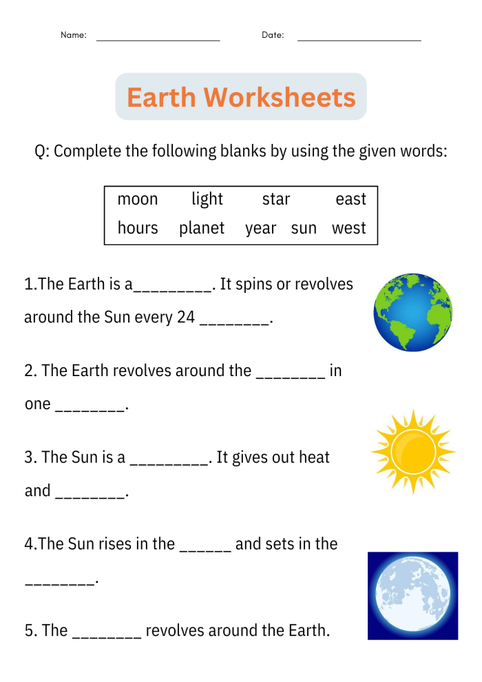First grade worksheet explaining the four layers of the Earth with reading and writing practice