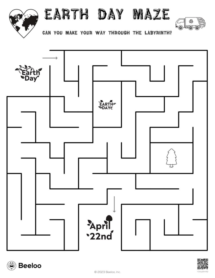 Earth maze worksheet with a globe design for first graders to explore Earth Day concepts