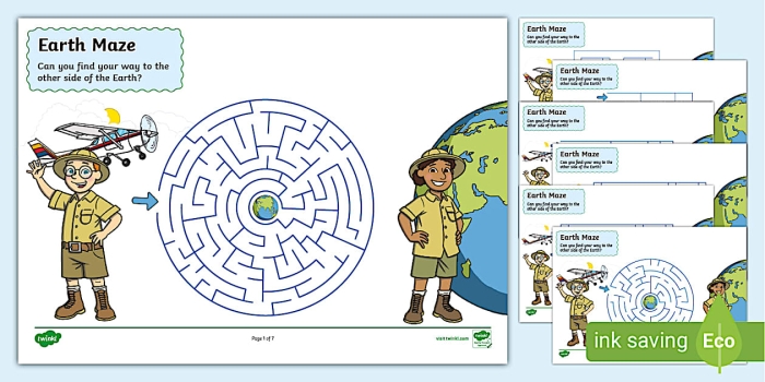 Earth Maze worksheet designed for first graders featuring a globe design to engage young learners. Fun Earth Day activity encouraging children to think about our planet.