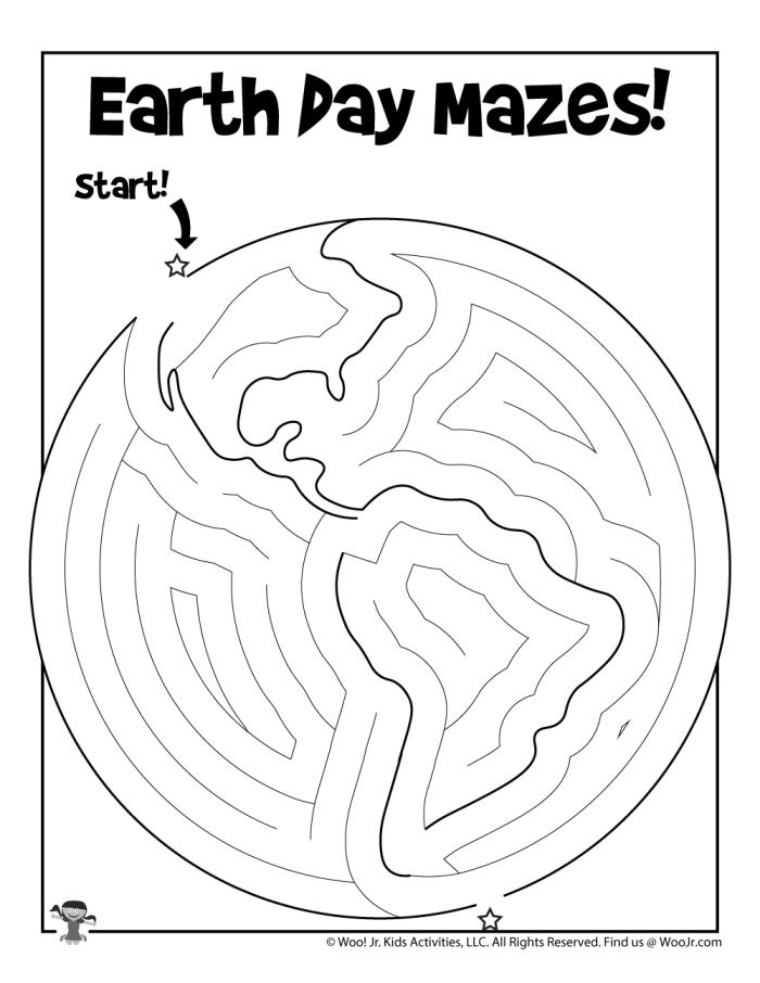 Earth maze worksheet with a globe design for first graders to explore their planet