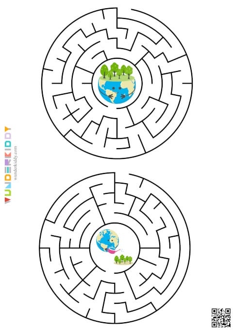 Earth maze worksheet featuring a colorful globe design for first graders