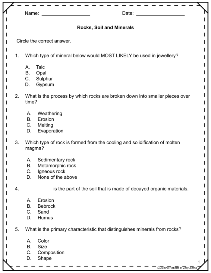 Earth Rocks! Quick Quiz worksheet for engaging students in grammar and mechanics Worksheet for the Earth Rocks! Quick Quiz exploring geological processes for fourth graders
