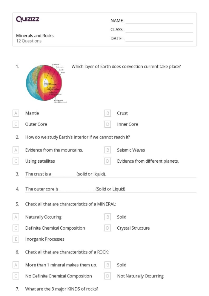 Engaging quiz sheet for students to learn about Earth's geological processes colorful worksheet titled "Earth Rocks! Quick Quiz" for fourth graders exploring geology