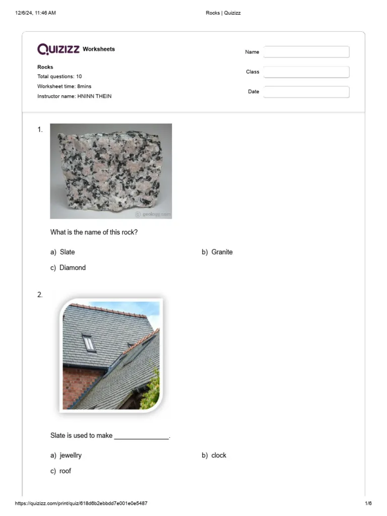 Earth Rocks! Quick Quiz worksheet image showcasing fun learning about geology Worksheet for the Earth Rocks! Quick Quiz exploring geological processes for fourth graders