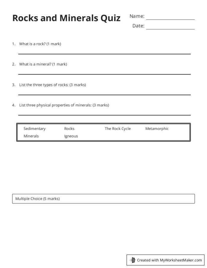 Engaging quiz worksheet for students to learn about the Earth's structure and rocks Colorful Earth Rocks! Quick Quiz worksheet for fourth graders exploring geological processes