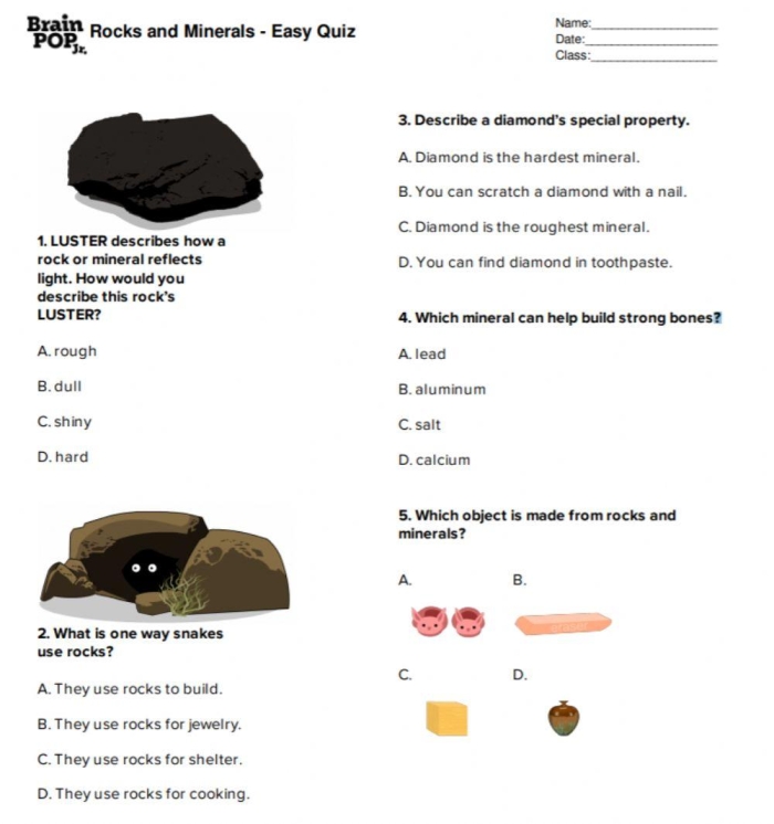 Title image for the Earth Rocks! Quick Quiz worksheet focused on grammar and mechanics Worksheet featuring the Earth Rocks! Quick Quiz for fourth graders exploring geology