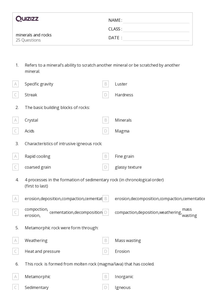 Engaging worksheet for fourth-grade students to learn about the Earth's geological processes Colorful Earth Rocks! Quick Quiz worksheet for fourth graders exploring geology concepts