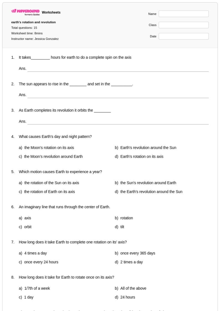 Illustration of Earth’s rotation and revolution concepts for a sixth-grade worksheet