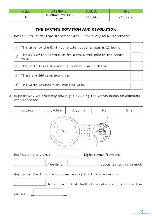 Earth's Rotation and Revolution worksheet for sixth graders exploring the Earth-sun system