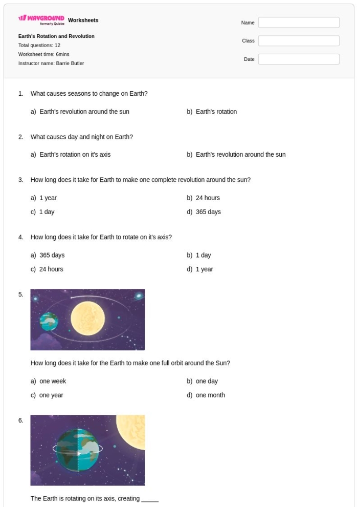 Illustration of Earth's rotation and revolution concepts for a science worksheet