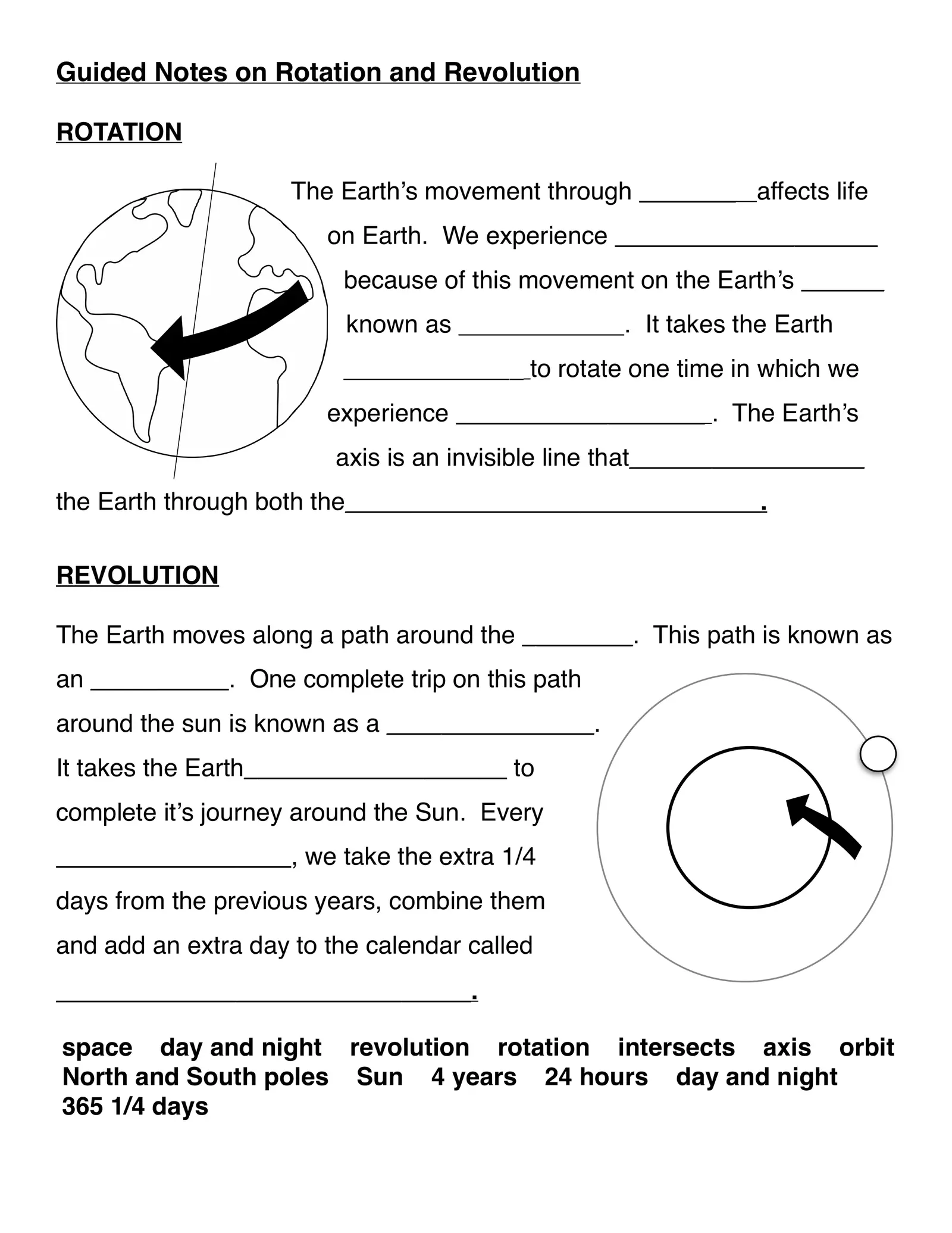 Earth's Rotation and Revolution worksheet for sixth graders focusing on the Earth-sun system