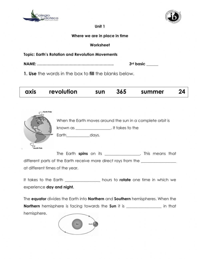Detailed worksheet exploring Earth's rotation and revolution in the sun's system