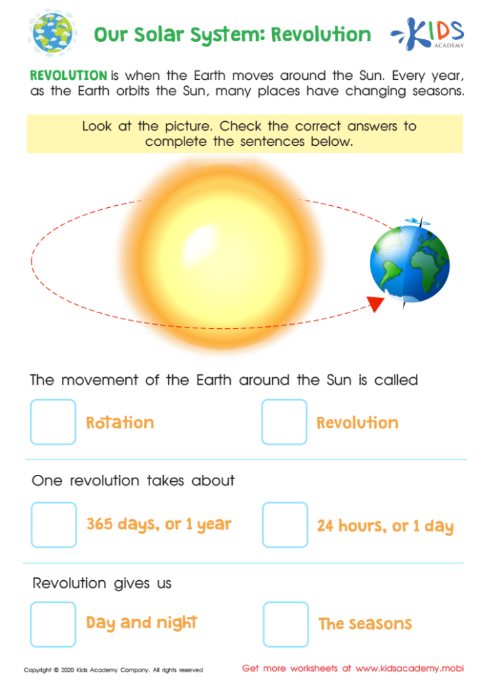 Worksheet illustrating Earth's rotation and revolution for sixth graders