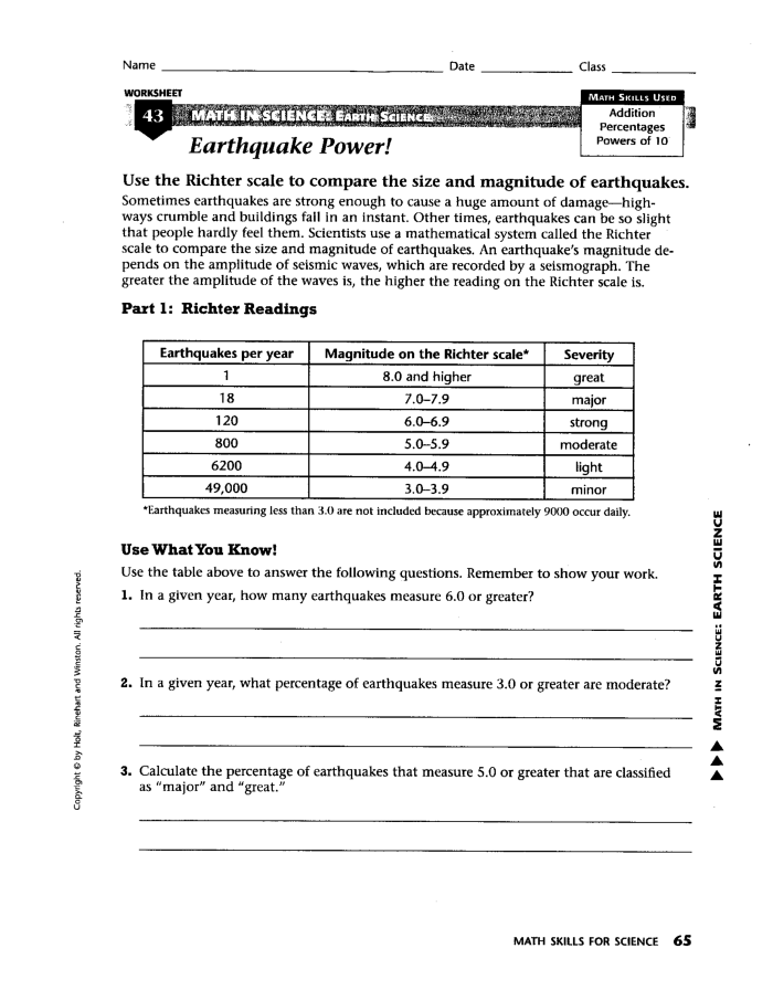 Earthquake Science worksheet for fifth graders focusing on geometry concepts