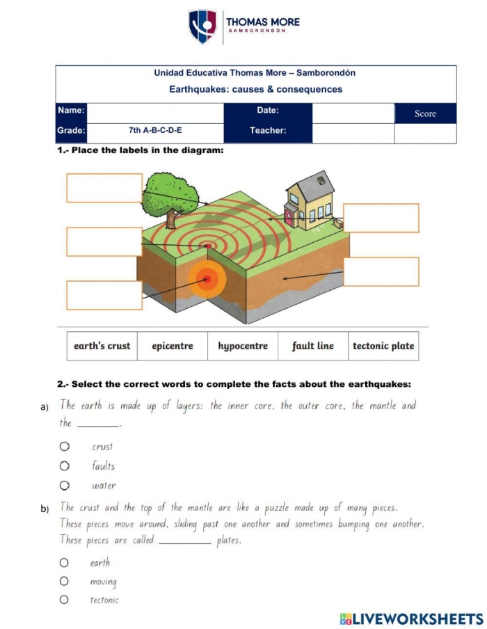 Fourth grade students learning about earthquakes using text features to understand informational content in a worksheet activity