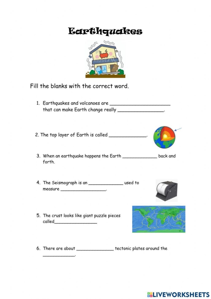 Fourth grade earthquakes text features worksheet showing how to identify and use informational text elements like headings and captions