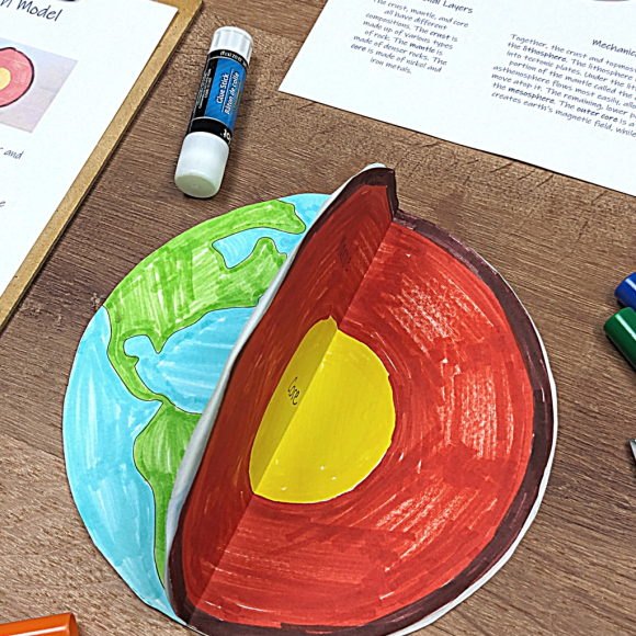 Fifth grade science worksheet for labeling the crust mantle and core layers of the Earth