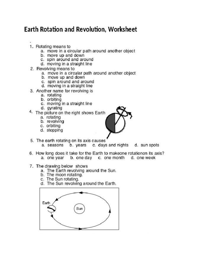 Sixth grade science worksheet covering the mechanics of Earth’s rotation and revolution