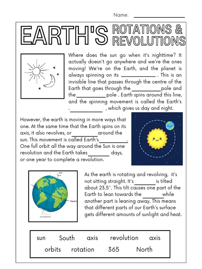Sixth grade science worksheet covering the mechanics of Earth’s rotation and revolution around the sun