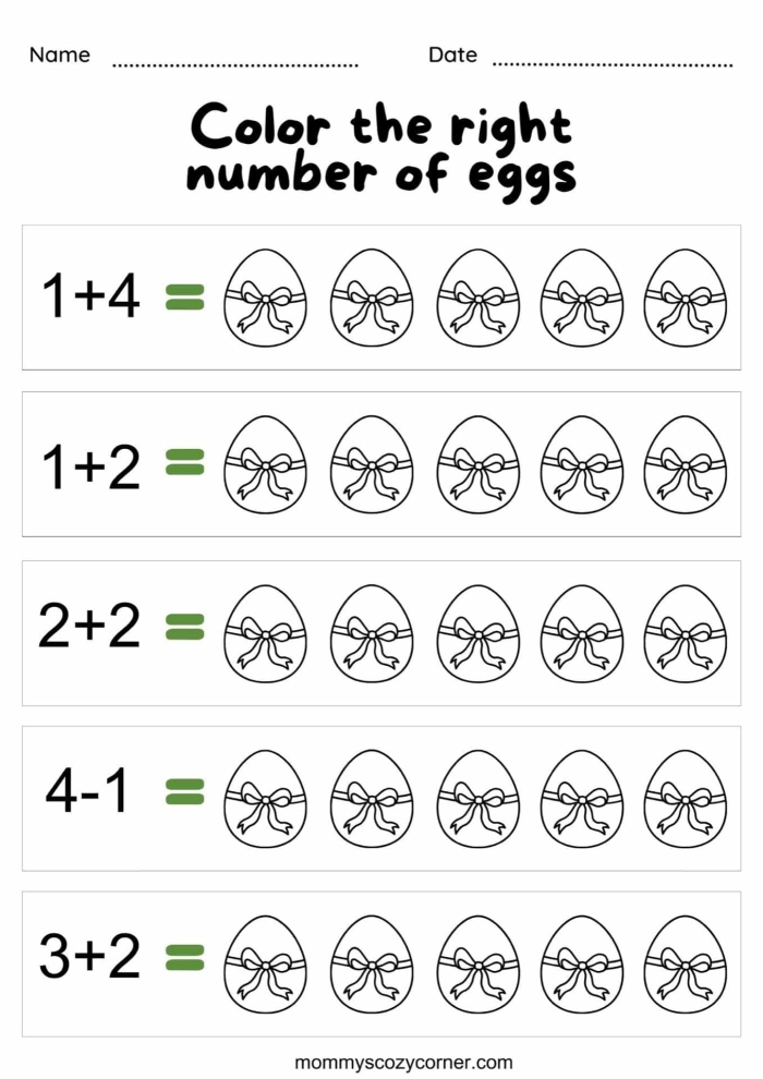 Colorful Easter eggs with simple addition problems scattered throughout a yard for first grade math practice