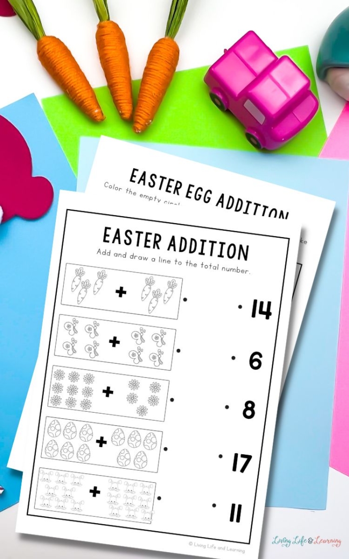 First grade student solving simple addition problems on colorful Easter eggs found in a garden