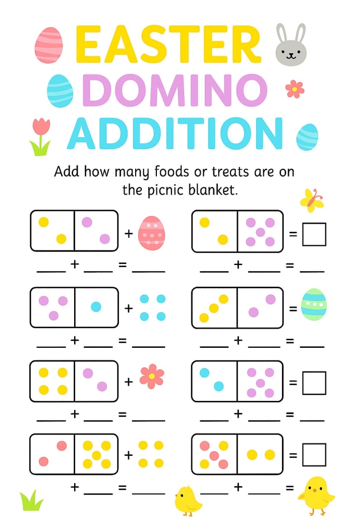 First grade student solving simple addition problems on colorful Easter eggs in a worksheet