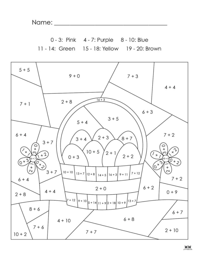 Easter Basket Math Activity 16 for Spring Addition Practice Kindergarten student solving Easter egg addition problems with colorful eggs and flowers as visual counters