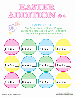 Colorful Easter eggs with simple addition problems scattered throughout a yard for first grade math practice