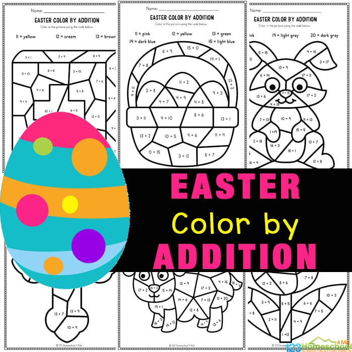 First grade addition worksheet featuring colorful Easter eggs with math problems
