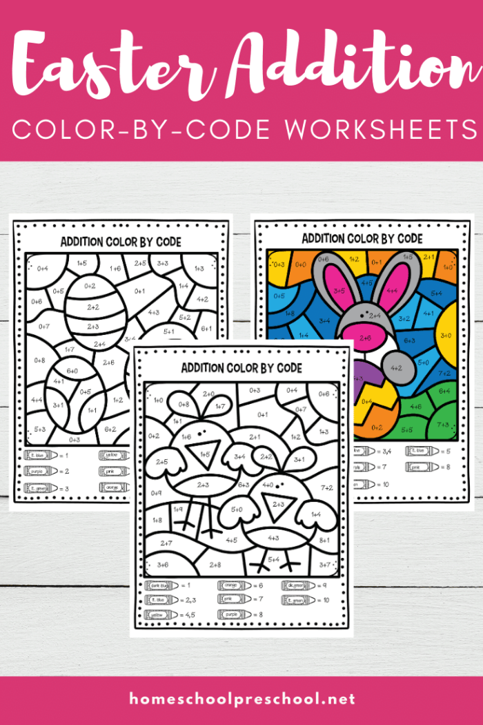 Kindergarten students solving Easter addition problems with colorful pictures