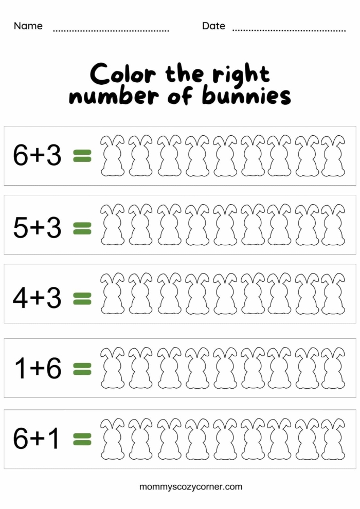 Easter addition practice worksheet featuring colorful picture equations for kindergarten students