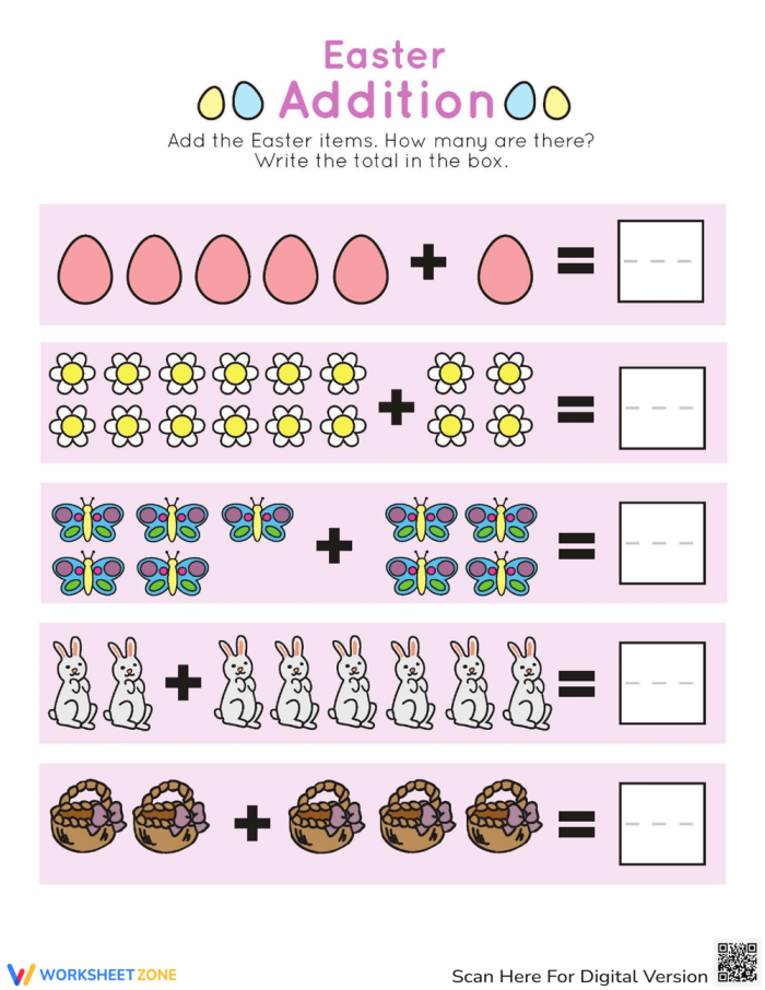 Easter addition practice worksheet for kindergarten students featuring colorful picture equations