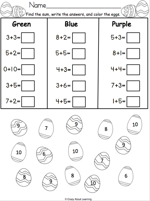 Easter addition practice worksheet featuring colorful picture equations for kindergarten students