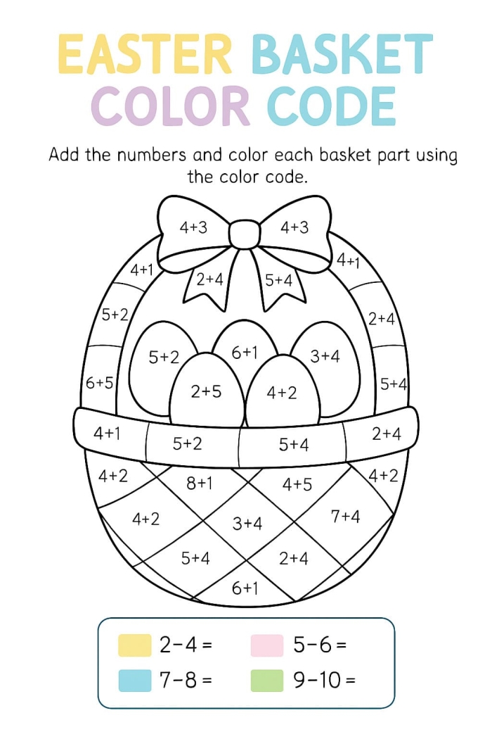 Kindergarten student solving Easter-themed addition math problems on a colorful worksheet