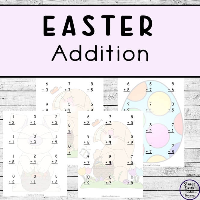 Kindergarten students solving Easter themed picture addition problems on a printable worksheet