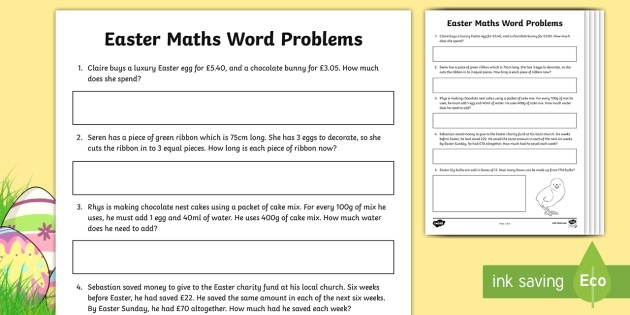Easter Math Word Problems Worksheet 14 for Early Elementary Addition Practice Second grade students solving Easter-themed addition word problems with colorful spring illustrations