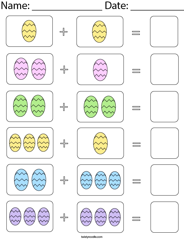 Colorful Easter eggs with simple addition problems scattered across a yard for first grade math practice
