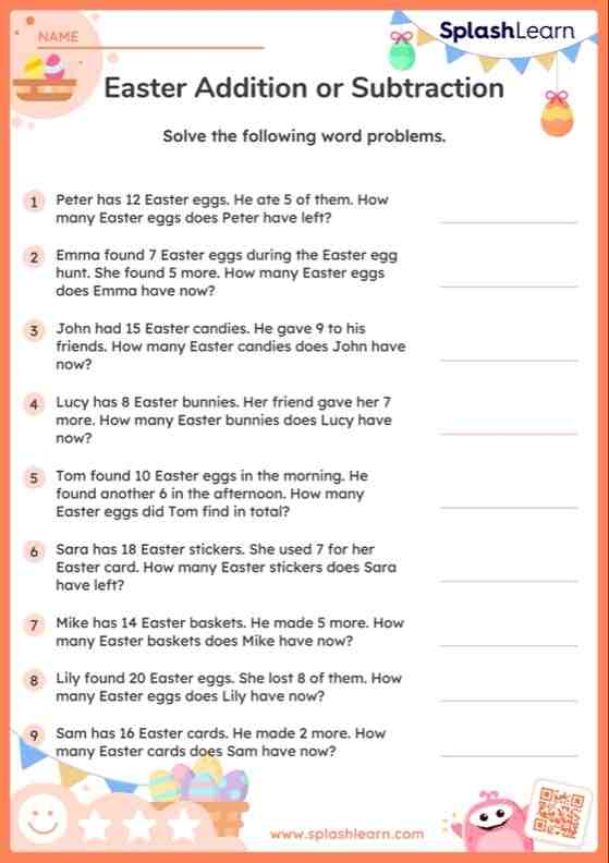 Second grade student solving Easter themed addition and subtraction math word problems on a printable worksheet