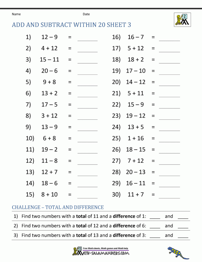 First grade Easter math worksheet featuring addition and subtraction problems within 20 and festive puzzle illustrations