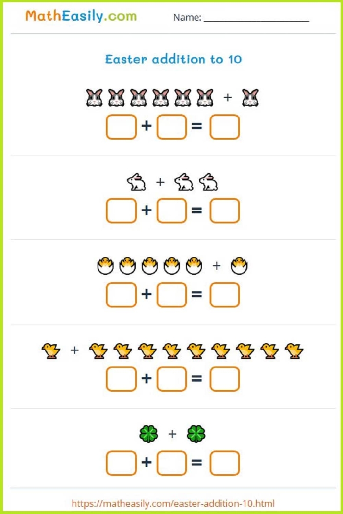 Colorful Easter-themed addition worksheet showing a busy bee with visual counting objects for Pre-K math practice
