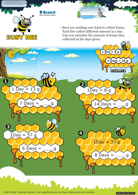 A busy bee with Easter eggs and flowers learning to add numbers together with visual counting help