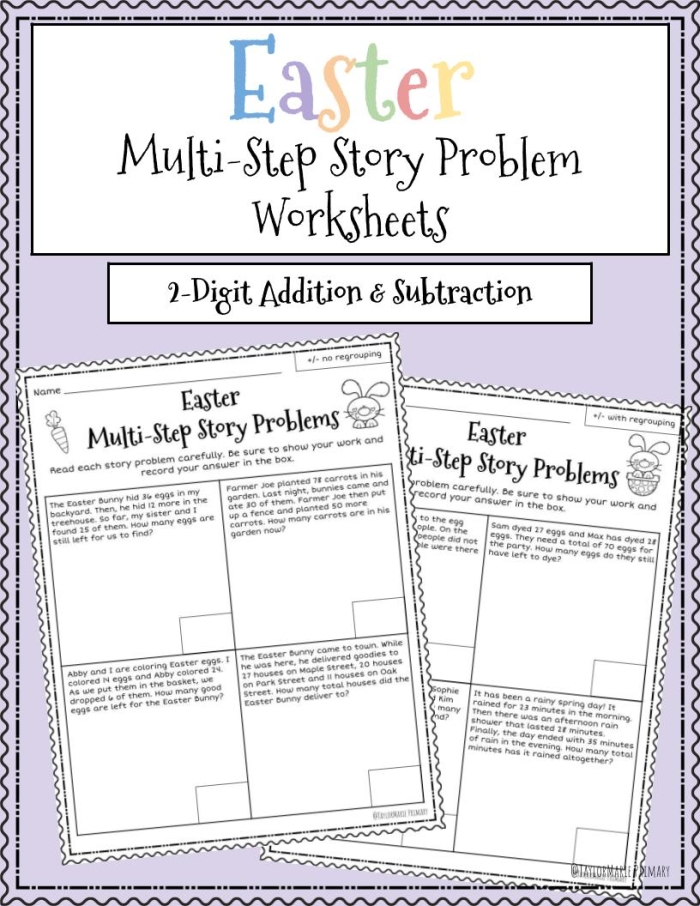Easter Math Addition Word Problems Worksheet Five for Second Grade Second grade student working on Easter themed addition word problems worksheet